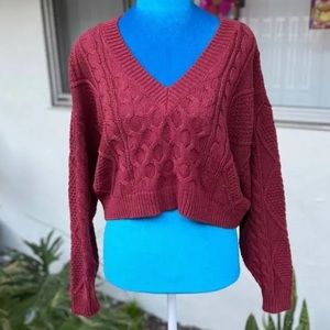 BP Burgundy V Neck Cable Knit Sweater